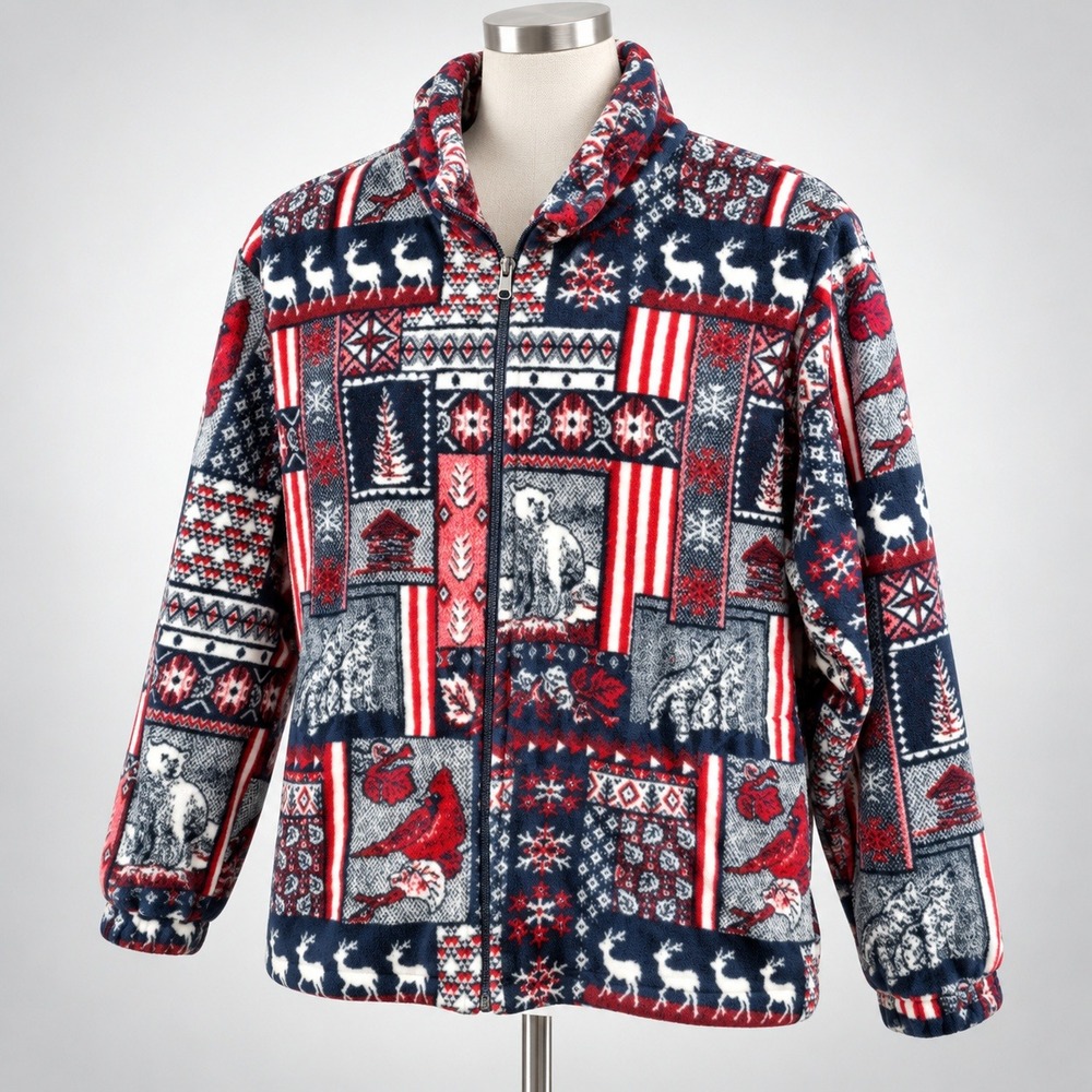Coastlines Fleece Jacket Womens XL Canada Lodge Bear Reindeer Full Zip Red Navy